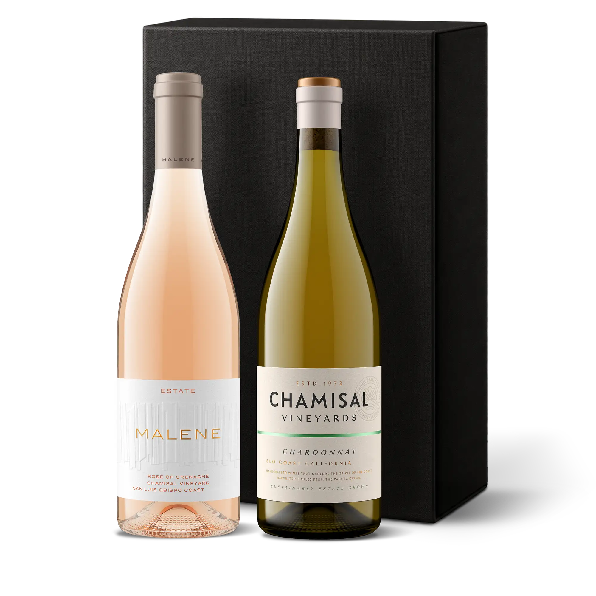 Two wine bottles, one rosé labeled Malene and one chardonnay labeled Chamisal Vineyards, stand side by side in front of a tall black gift box on a white background—an elegant presentation that echoes the charm of a Perfect Central Coast Pinot Noir 2-Bottle Gift.
