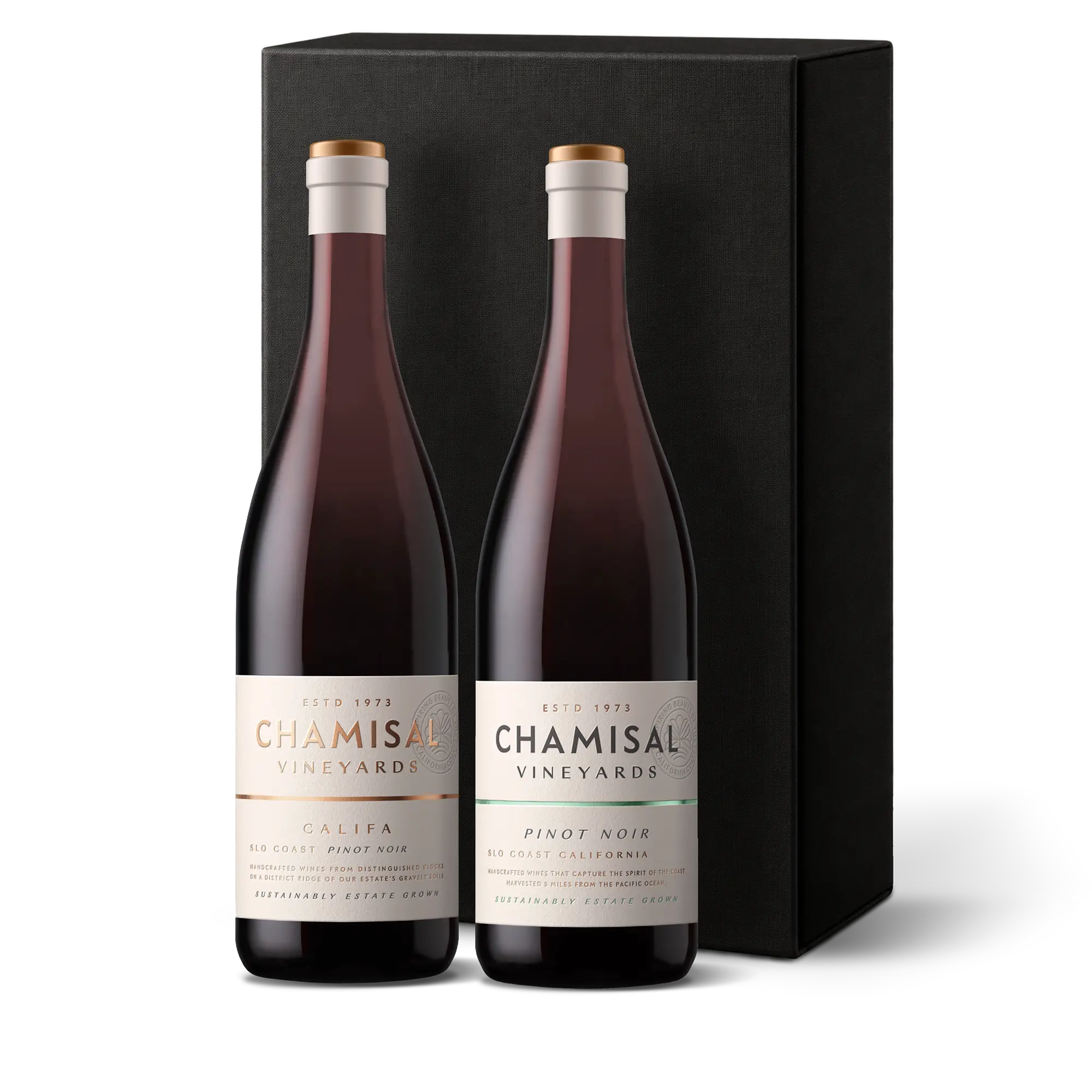 Two bottles of Chamisal Vineyards wine, labeled Califa and Pinot Noir, stand side by side in front of a plain black gift box on a white background—a perfect Central Coast Pinot Noir 2-Bottle Gift.
