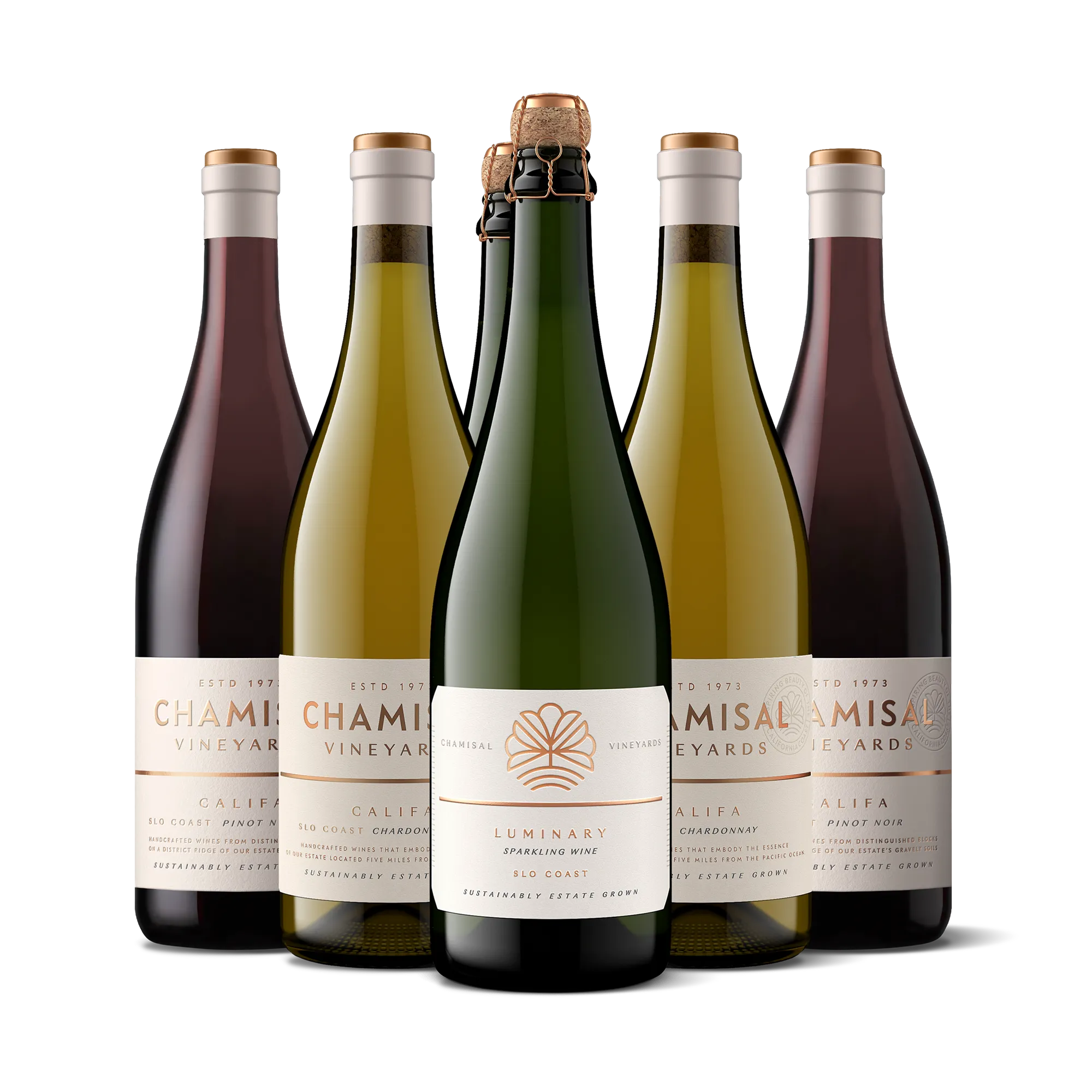 Five wine bottles are arranged in a row; the center bottle is sparkling wine labeled Luminary, flanked by two white wines and two red wines labeled Chamisal Vineyards. Among the selection is the elegant Califa Chardonnay & Pinot Noir 2-Bottle Gift, with all labels crafted in crisp white and accented with gold.