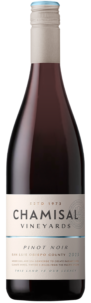 A bottle of San Luis Obispo County Pinot Noir from Chamisal Vineyards, vintage 2023, featuring a cream-colored label with light blue accents.