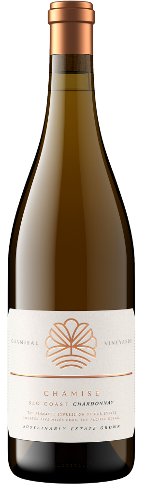 A bottle of Chamisal Vineyards Chamise SLO Coast Chardonnay with a white and gold label featuring a stylized leaf design and text describing the wine as sustainably estate grown.