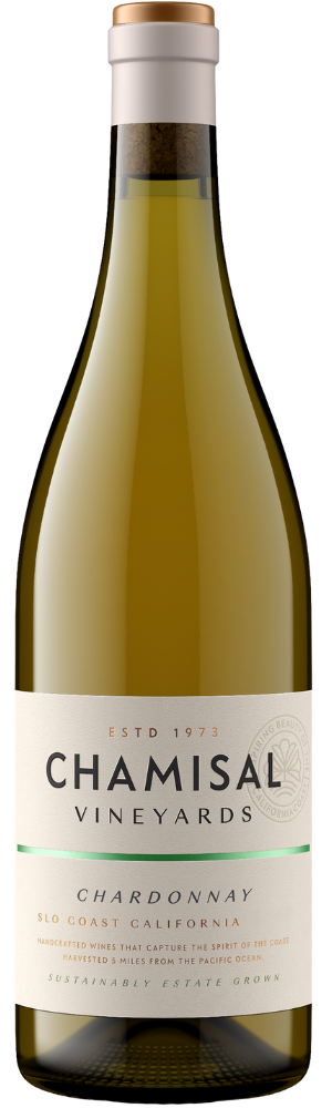 A bottle of Chamisal Vineyards Chardonnay wine with a beige label featuring the winery’s name and details about the wine, including its origin in SLO Coast, California. The bottle is sealed with a foil-wrapped cork.