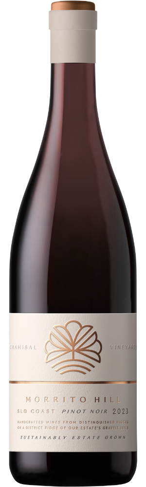 A bottle of Morrito Pinot Noir SLO Coast 2023 wine, featuring a minimalist cream label with gold embossed detailing and text, and a dark glass body.