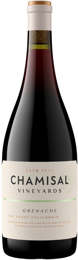 A bottle of Chamisal Vineyards Grenache wine from SLO Coast, California, with a cream-colored label and a black cap.
