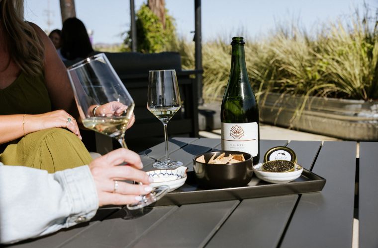Two people clink wine glasses at an outdoor table with a bottle of white wine, a tray of snacks, a small bowl of caviar, and crackers, with greenery and sunlight in the background.
