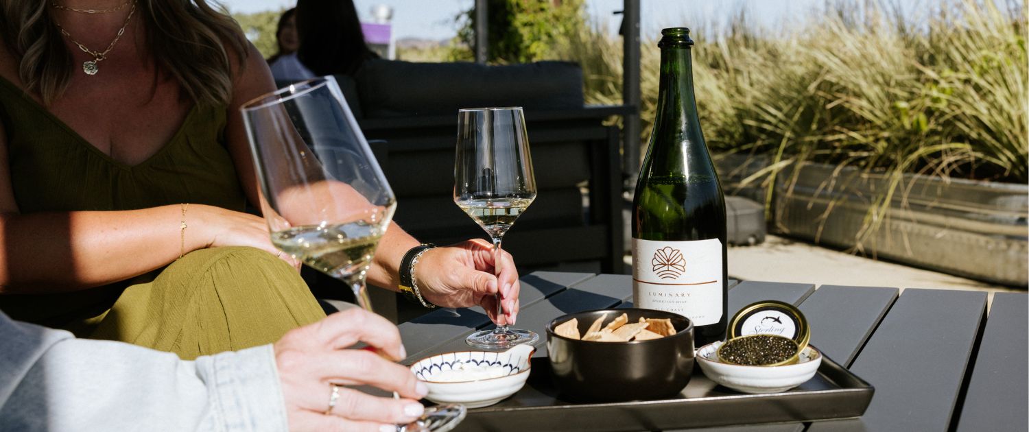 Two people sit outdoors at a table with wine glasses, a bottle of white wine, and small dishes of snacks, enjoying the sunshine. This inviting scene is perfect for wine club newsletters highlighting relaxed gatherings and alfresco moments.