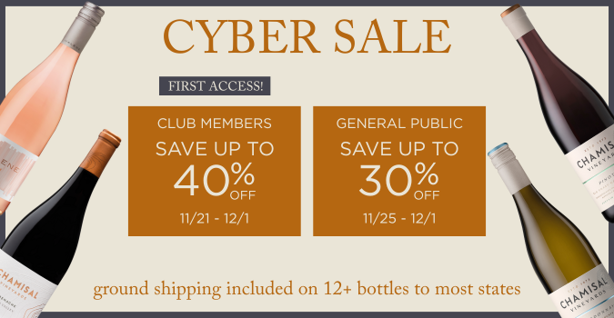 Promotional banner for a cyber sale on wine bottles. Club members save up to 40% from 11/21–12/1; general public saves up to 30% from 11/25–12/1. Ground shipping included on 12+ bottles. Several wine bottles border the image.