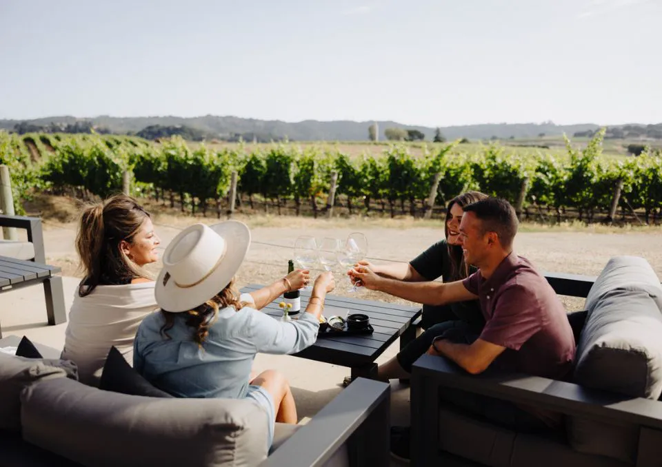 Four people sit outside on a patio overlooking a vineyard, clinking wine glasses and smiling, enjoying a sunny day. The group is surrounded by comfortable outdoor furniture with a scenic view in the background.