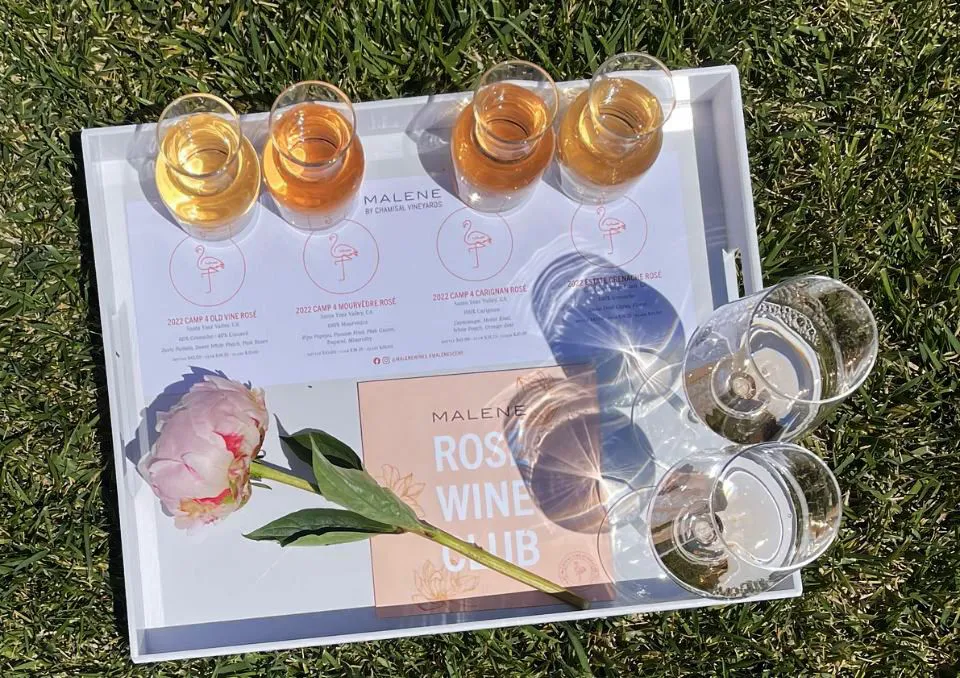 A tray on grass holds four rosé wine glasses, three clear water glasses, a pink peony flower, a pamphlet titled Rosé Wine Club, and a wine tasting sheet from Malene Wines.
