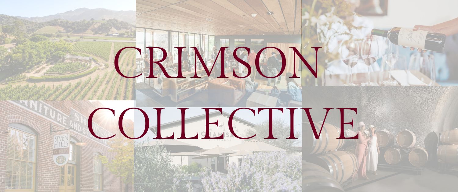 A collage of winery images—vineyards, barrels, wine pouring, and tasting rooms—captures the essence of wine club newsletters, overlaid with bold maroon text reading CRIMSON COLLECTIVE at the center.