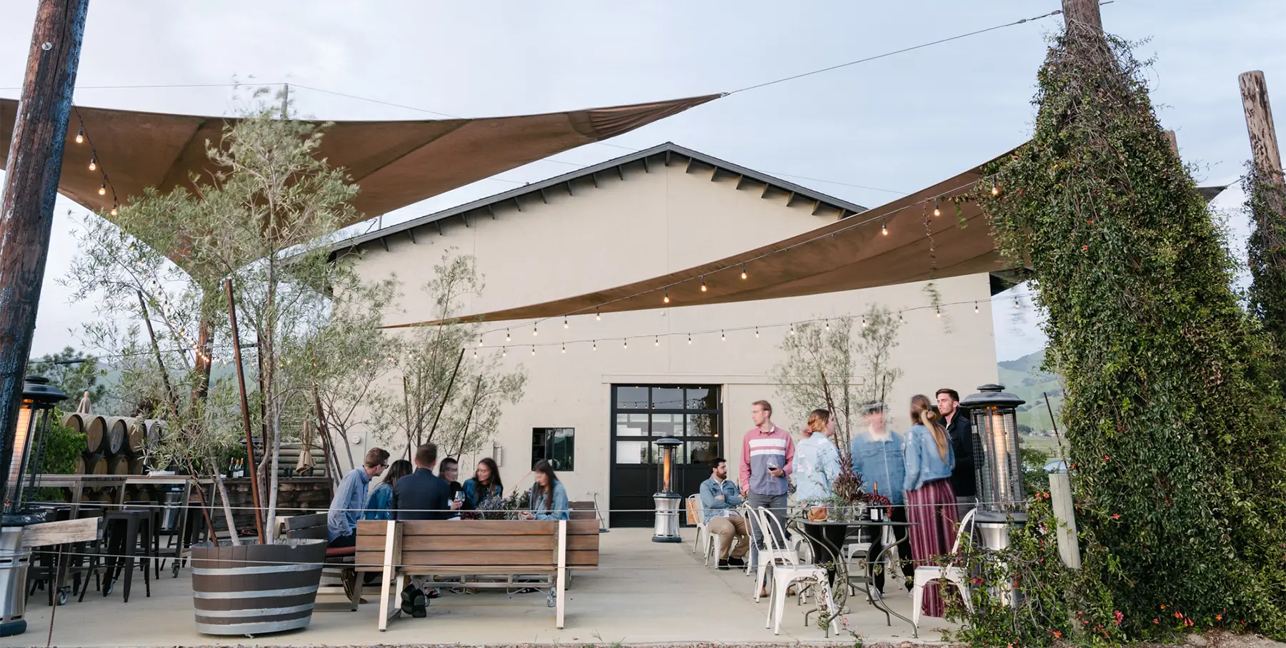 People gather outdoors at a winery patio in San Luis Obispo, enjoying wine tasting in small groups under shade sails and string lights, surrounded by trees, barrels, and a light-colored building in the background.