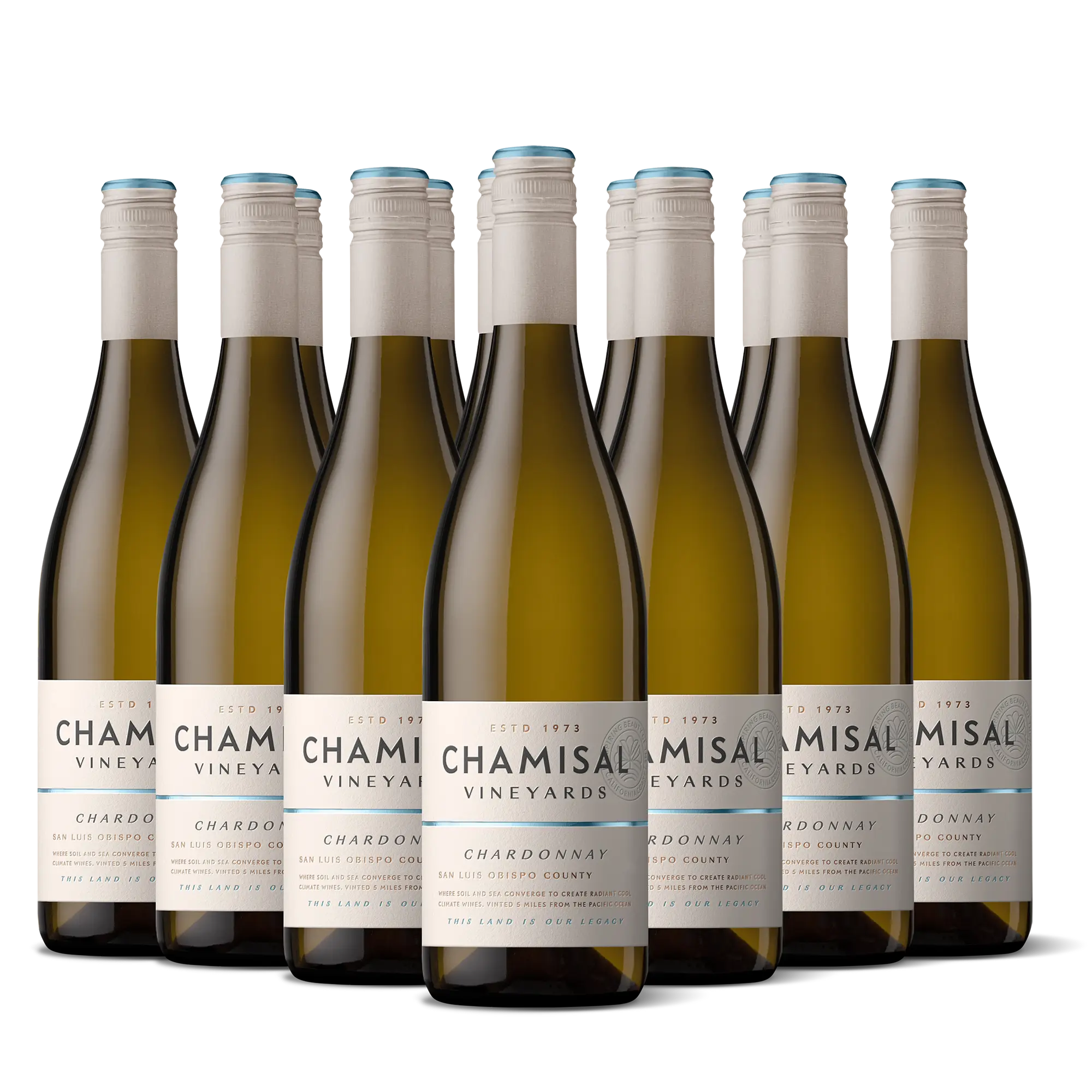 Nine bottles of Chamisal Vineyards Chardonnay wine are arranged in three rows, standing upright against a white background. The labels are clearly visible, displaying the winery name and wine details—part of the exceptional San Luis Obispo County Chardonnay 12-Bottle Collection.