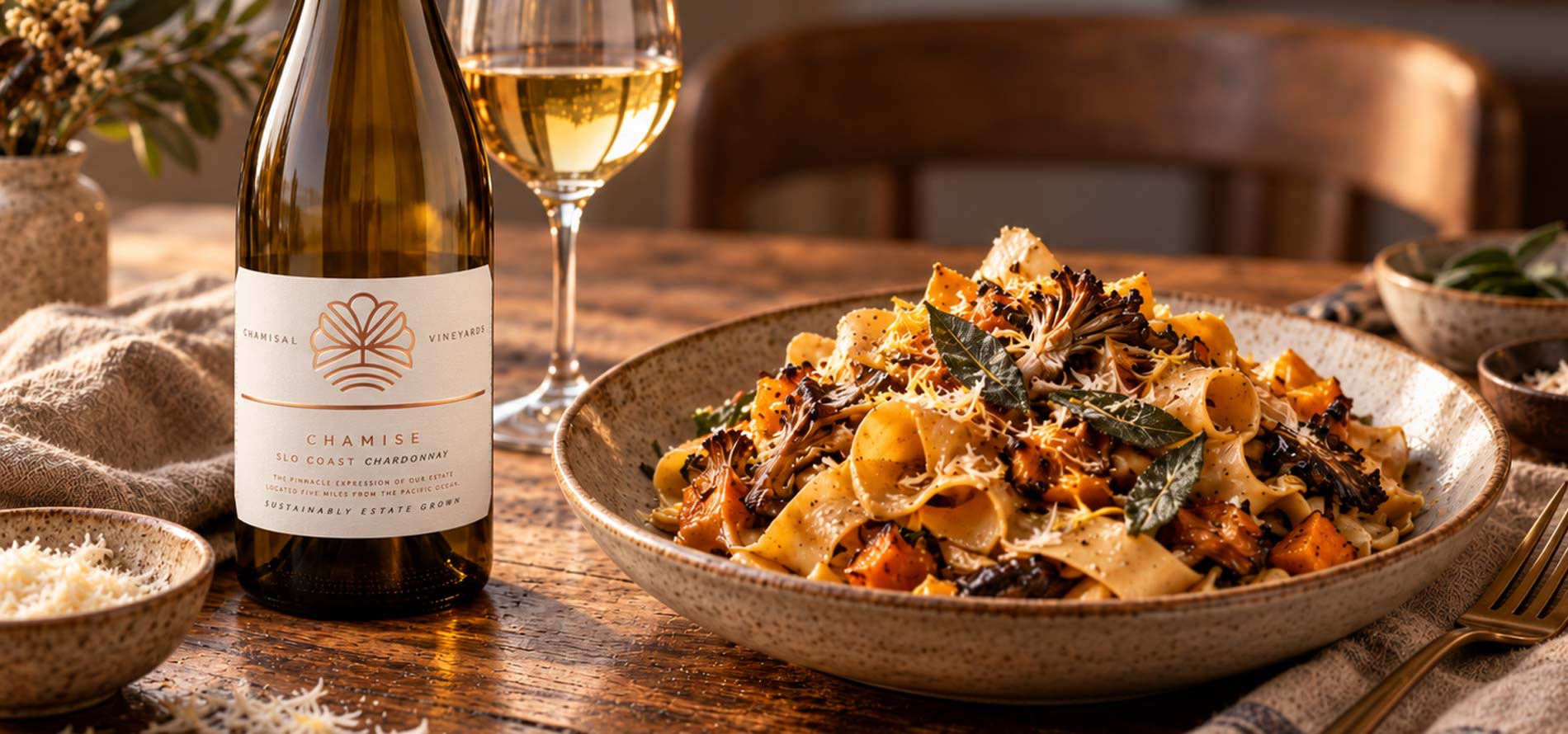 A plate of pasta with shredded cheese and herbs sits next to a bottle of Chamise Chardonnay and a glass of white wine on a rustic wooden table.