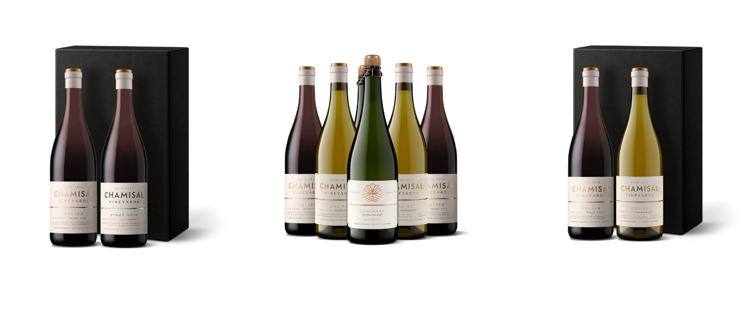 Three groupings of Chamisal Vineyards wine bottles, including two gift sets of two bottles and a center collection of five assorted bottles for wine club newsletters.