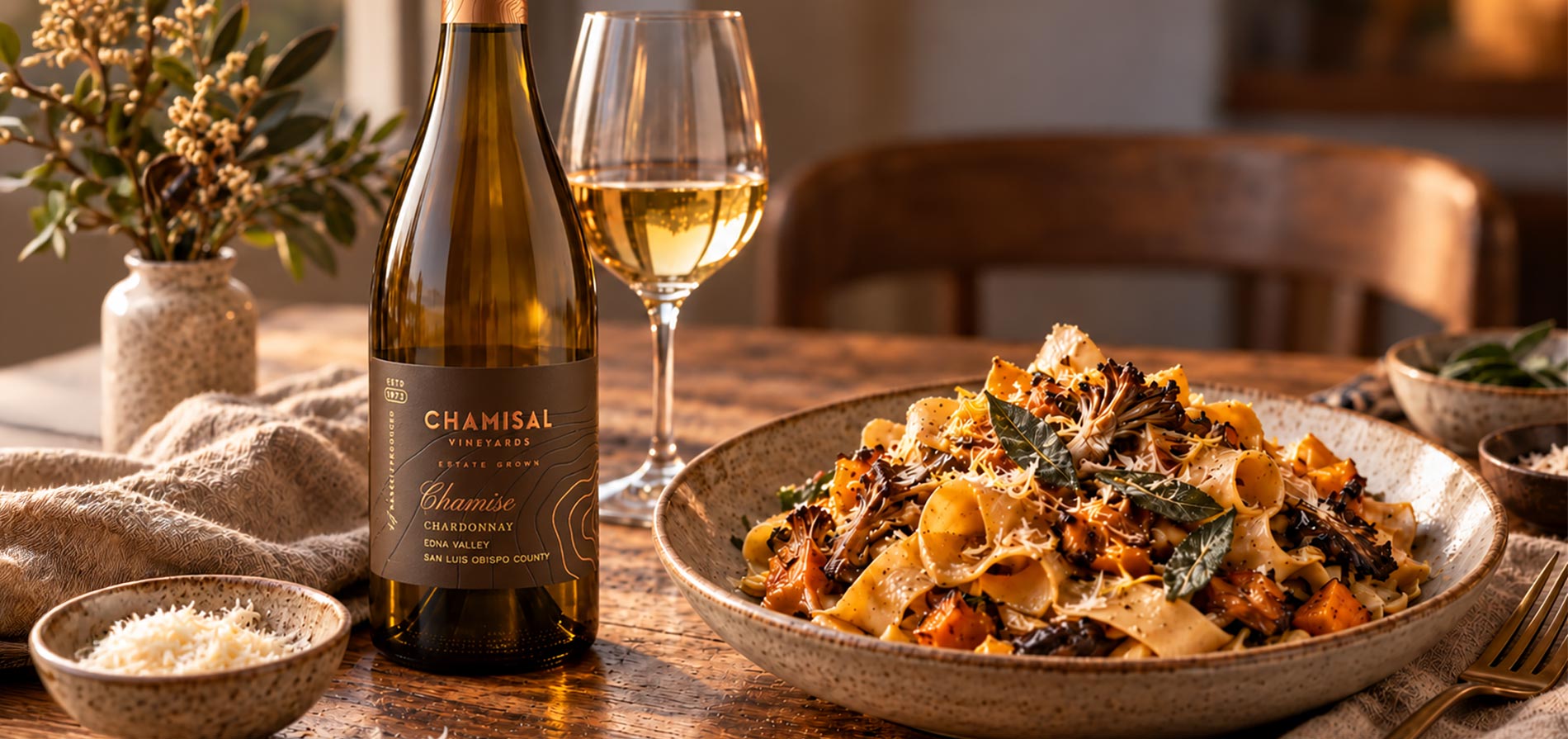 A bottle of Chamisal Vineyards Chardonnay next to a glass of white wine and a bowl of pasta with roasted vegetables.