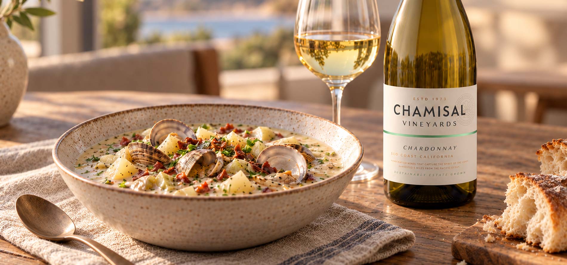 A bowl of clam chowder sits on a wooden table beside a slice of bread, a glass of white wine, and a Chamisal Vineyards Chardonnay bottle, with sunlight streaming in.