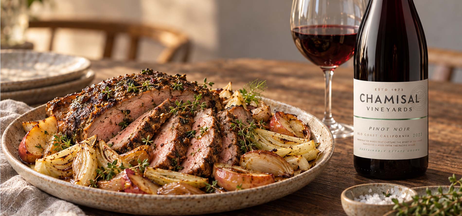A plate of sliced roast beef with roasted onions and herbs, next to a glass of red wine and a bottle labeled Chamisal Vineyards Pinot Noir.