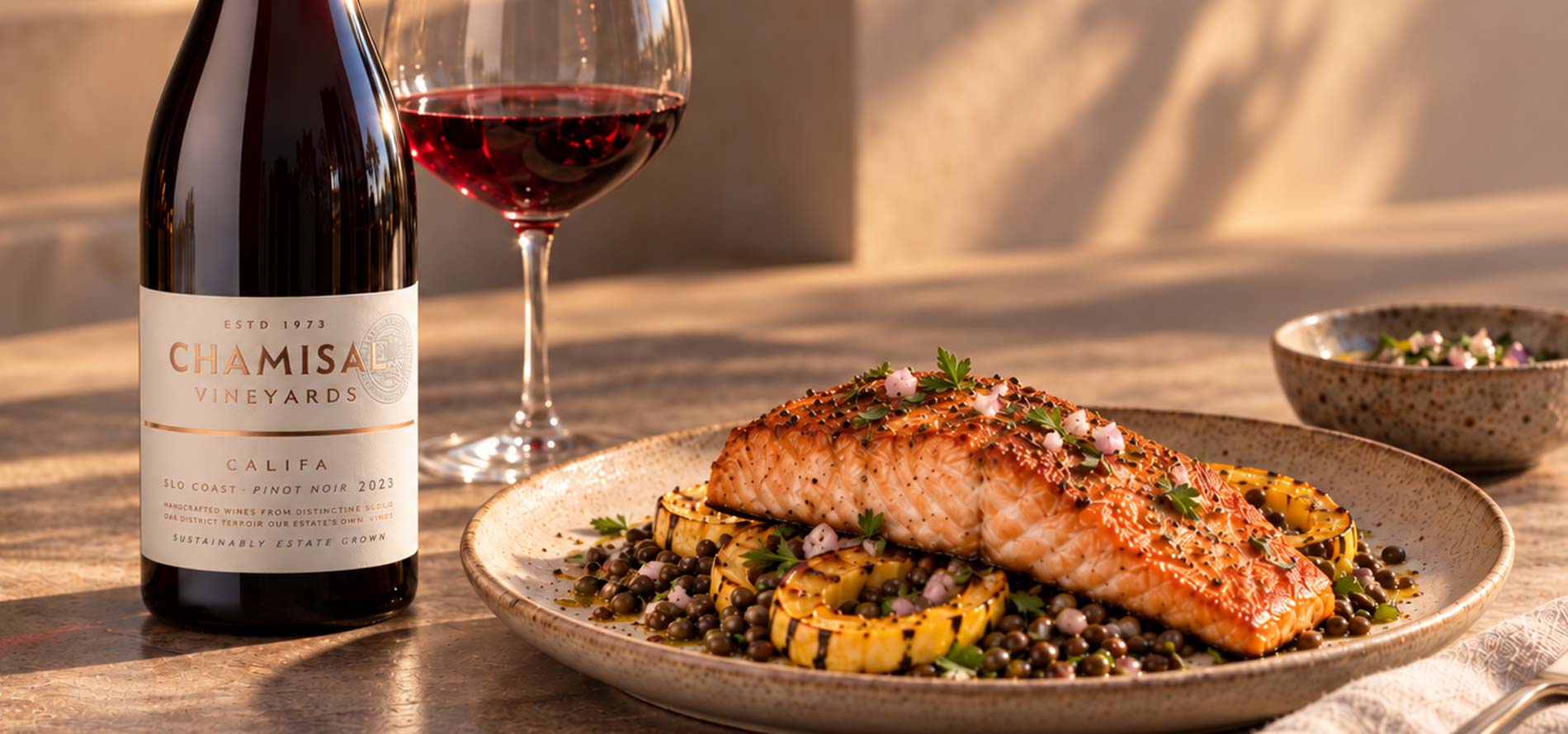 A bottle and glass of red wine sit next to a plate of grilled salmon, lentils, and roasted squash, garnished with herbs, on a sunlit table.