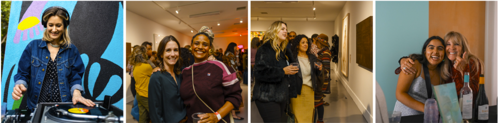 Four photos: a woman DJing outdoors, two women smiling at a crowded art event, a group enjoying drinks at a gallery, and two women hugging and smiling indoors, one holding a framed certificate.
